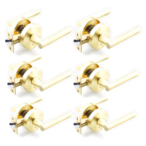 EHOMEWARE 6 Pcs Brass Door Handles for Bedroom Bathroom, Gold Door Knobs Interior in Gold Finish, Privacy Door Knobs Heavy Duty Constructions, Keyless Interior Door Knobs, Modern Door Lever