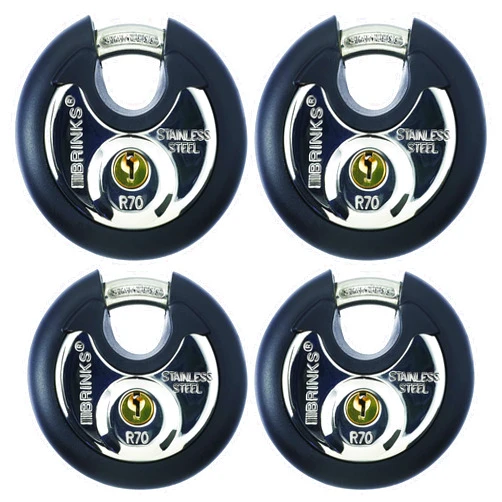 BRINKS Heavy Duty Padlocks & Keys 4 Pack 70mm Stainless Steel Keyed Alike Commercial Discus Keyed Lock for Storage Shed Garage Locker Sliding Doors Cabinets & More Round with Boron Shackle, Black