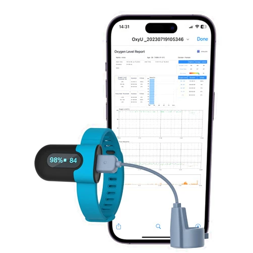 Vibeat OxyU Oxygen Monitor for O2 & Heart Rate Continuous Tracking, Wrist Wearable Pulse Oximeter, Notification of Threshold Exceed, Bluetooth Finger Oxygen Meter with Free App & PC Report