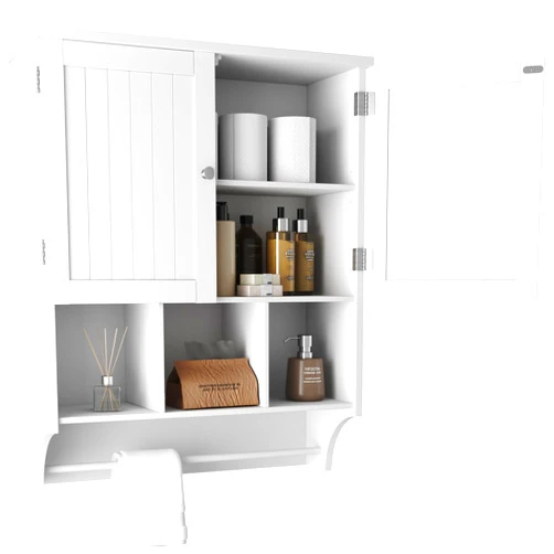 HOMEFORT Bathroom Wall Cabinet Medicine Cabinets Over The Toilet Storage Cabinet with Towels Bar 2 Door Adjustable Shelves Large Space for Bathroom Wall Mounted White