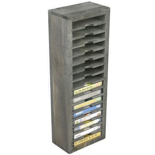 MyGift 16 Slot Cassette Tapes Tower, Vintage Gray Solid Wood Freestanding Audio Compact Cassettes Slotted Storage Rack, Analog Audiotapes Holder Stand, Fits Standard Cases Up To 0.7