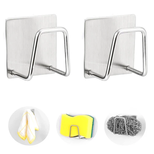 Luckyiren 2-Pack Stainless Steel Sponge Holder for Kitchen Sink - Rustproof Brushed SUS304 Sponge Caddy Organizer, Wall/Surface Mount, Drainage Design, Clutter-Free Storage