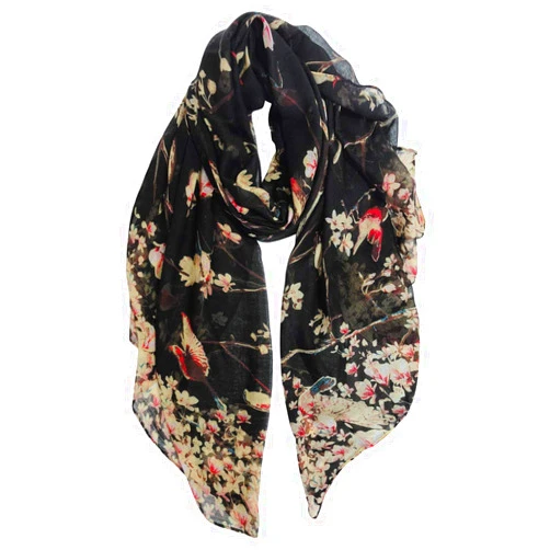 GERINLY Scarfs for Women Lightweight Floral Birds Print Cotton Scarves and Wraps for Winter Shawl