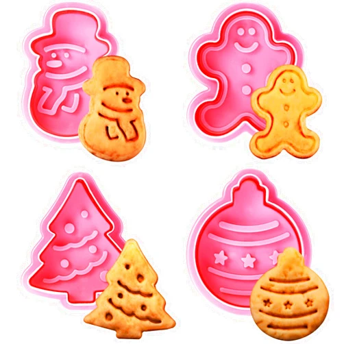 Zavaca Pack of 4 Christmas Cookie Cutters Set Fondant Stamper, Pastry Cutter, Christmas Tree, Snowman, Gingerbread and Egg Stamper, Direct Embossing, Spring-loaded Handle Cutter Set