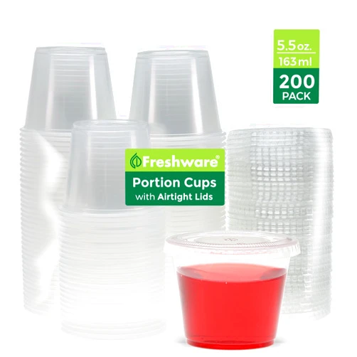 Freshware Plastic Portion Cups with Lids [5.5 Ounce, 200 Sets] Souffle Cups, Jello Shot Cups, Condiment Sauce Containers For Sampling, Sauce, Snack or Dressing