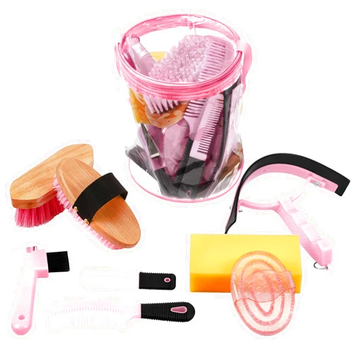 Cunhill 9 Pieces Horse Grooming Kit Tack Room Supplies Set with Organizer Tote Bag, Oval Massage Curry, Hard and Soft Brush, Hoof Pick, Sweat Scraper, Bathing Sponge, Combs for Horse Riders Beginners (Pink)
