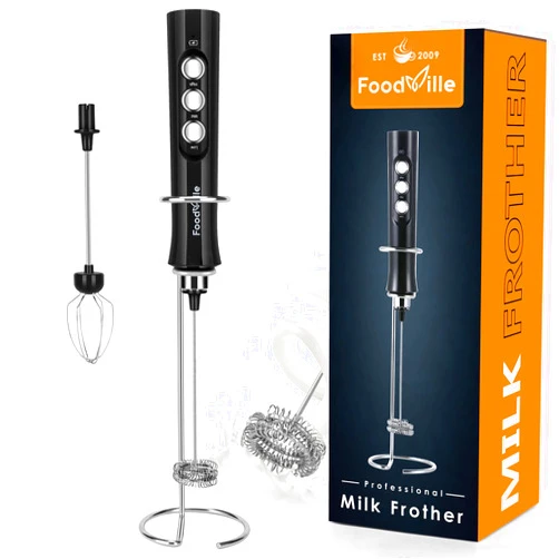 FoodVille MF02 Rechargeable Milk Frother Handheld Foam Maker with Stainless Whisk for Cappuccino, Latte, Bulletproof Coffee, Keto Diet, Protein Powder, Matcha