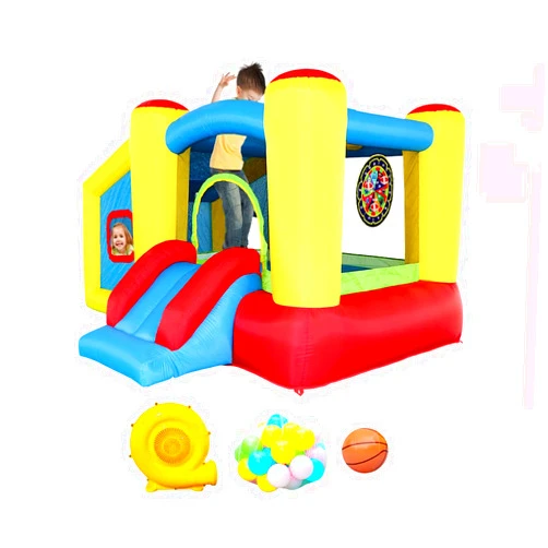 WELLFUNTIME Inflatable Bounce House with Blower, Jumping Castle Slide, Kids Bouncer with Ball Pit, Basketball Rim, Dart Target Game
