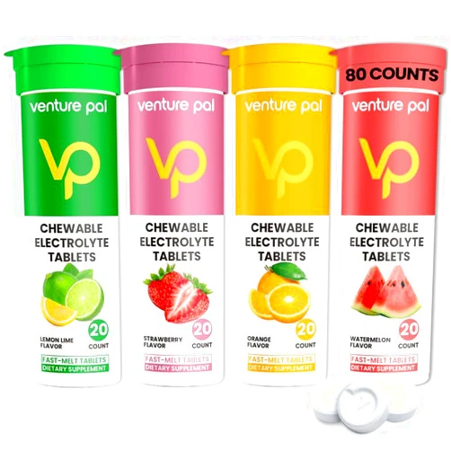 Venture Pal Chewable Electrolyte Tablets, Fast-Melt Sugar-Free Stick Salt Tablets - Variety Pack for Rapid Hydration, Outdoor Running, Hiking, Sports | Keto & Vegan Friendly | 80 Count (4 Pack)