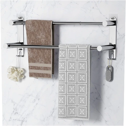 Mlesi Towel Bars Freely Retractable 17-31 Inches Bathroom Towel Rack with Hooks,SUS304 Stainless Steel 2-Tiers Towel Rails Wall Mounted No Drill Adjustable,Bathroom Towels Shelves Rack with Adhesives