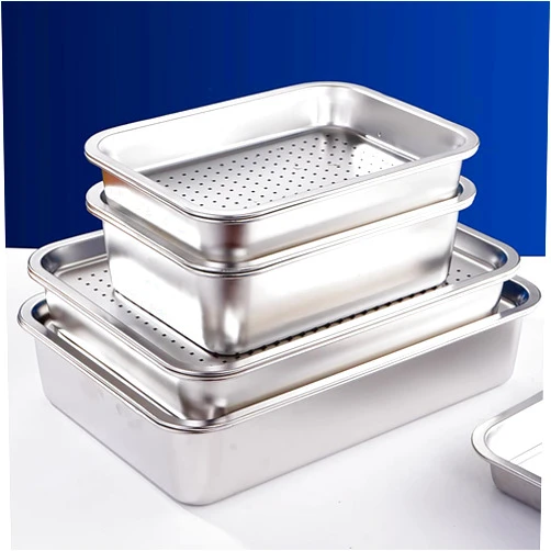 FRESQA 304 Stainless Steel Drainage Tray, Oil Commercial Rectangular Perforated Flat Bottom Square Double-Layer Leakage Tray,32 * 22 * 2cm