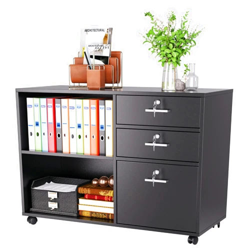 Homedecorat Office File Cabinet with 3 Drawers and Lock, Wood Lateral Filing Cabinet, Rolling Printer Stand with Open Shelves for Home Office, Black