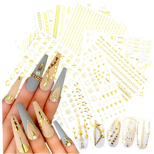 YKZFUI 12 Sheets Gold Nail Art Stickers,3D Metallic Self-Adhesive Nail Decals Chains Star Moon Geometry Line Triangle Design Sticker for Women Acrylic Nails Supplies DIY Nail Art Decorations Accessories