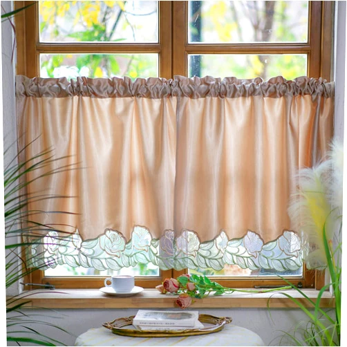 SUTAVIA Classical Rose Lace Kitchen Curtain Set 2 Panels for Window Farmhouse Cafe Curtains Gold Satin Fabric with Rod Pocket Window Treatment Country for Living Room Bedroom(2pcs, 27