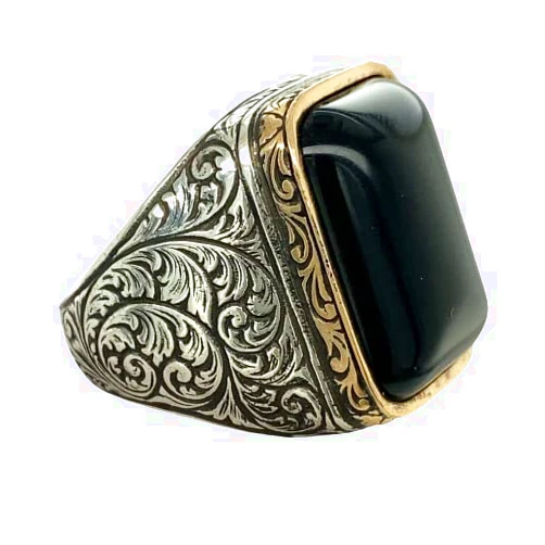 Mercan Silver Men Handmade Ring, Natural Onyx Stone Ring, Black Onyx Ring, Ottoman Style Embroidered Ring, 925k Sterling Silver Ring, Gift For Him