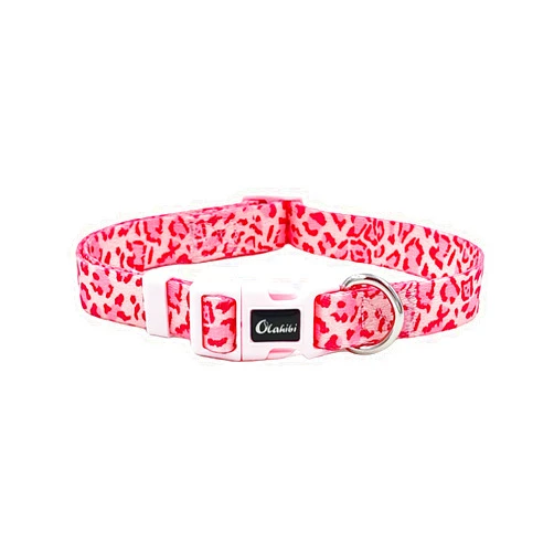 Olahibi Basic Dog Collar, Leopard Pattern, Soft and Durable Polyester Material, Adjustable Length, for Medium Dogs.(Medium, Pink Leopard)