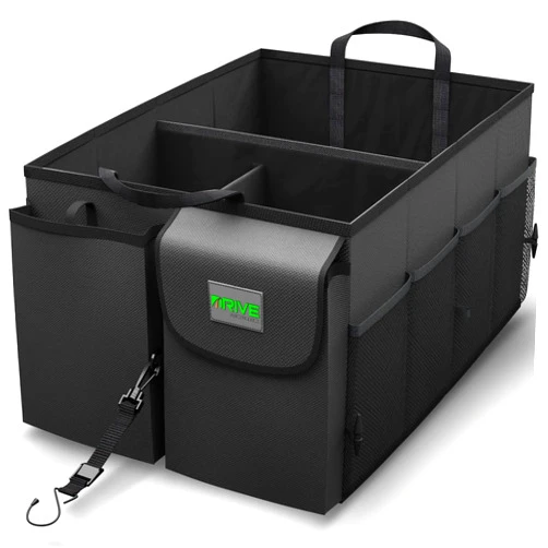 DRIVE AUTO PRODUCTS Drive Auto Car Trunk Organizer - Collapsible, Multi-Compartment Automotive SUV Car Organizer for Storage w/Adjustable Straps - Truck & Car Accessories for Women and Men - Black