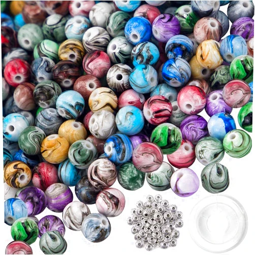 Quefe 500pcs Craft Beads for Jewelry Making, for Bracelets Making,Space Acrylic Beads in Ink Patterns with 50pcs Spacer Beads and Crystal String (8mm)