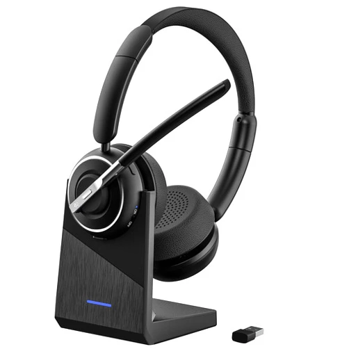 PrancyBt Bluetooth Headset, V5.2 Wireless Headset with AI Noise Cancellation Microphone, On Ear Headphones with Charging Base & Bluetooth Adapter, for Computer Home Office Call Center Zoom Skype
