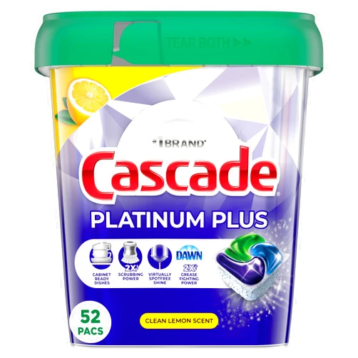 Cascade Platinum Plus Dishwasher Pods, Dish Detergent ActionPacs, Cleaning Supplies, Lemon, 52 Count
