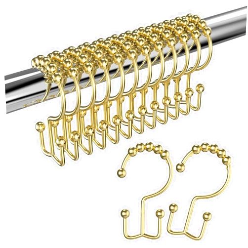 BATHDESIGN Shower Curtain Hooks Rings, Rust Proof Stainless Steel Shower Curtain Hooks Double Sided for Bathroom Shower Rods, Set of 12, Gold