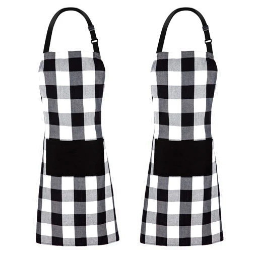 Jubatus 2 Pack Buffalo Check Aprons with 2 Pockets Adjustable Bib Chef Kitchen Apron for Men and Women, Black & White