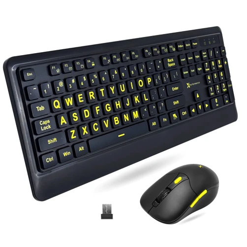 X9 Performance Large Print Keyboard and Mouse Wireless Combo - 4x Larger Oversize Letters for Seniors and Low Vision Users - 2.4Ghz Wireless Mouse and Keyboard Combo for PC - Yellow High Contrast Font
