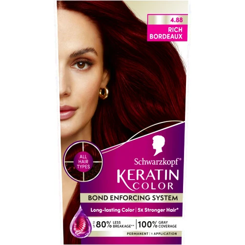 Schwarzkopf Keratin Color Permanent Hair Color, 4.8 Rich Bordeaux, 1 Application - Salon Inspired Permanent Hair Dye, for up to 80% Less Breakage vs Untreated Hair and up to 100% Gray Coverage