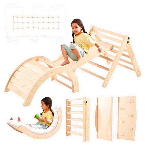 PETKABOO Pikler Triangle Set with Cushion, Toddler Climbing Toys Indoor Playground, Montessori Toys Climbing Set with Arch, Ramp, and Triangle for Kids, Indoor Jungle Gyms for Toddlers