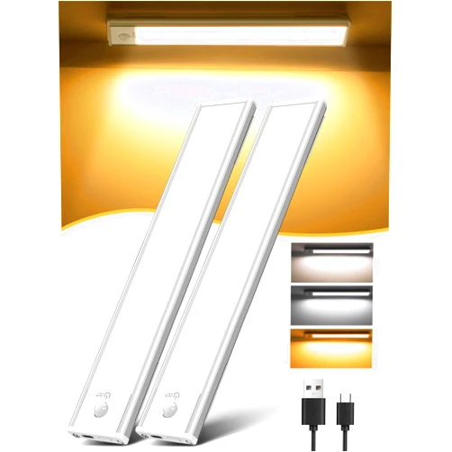 HOKOILN 2Pack 12” Under Cabinet Lights, Magnetic Led Motion Sensor Counter Lights, 3 Color Temperatures Light Bar, USB Rechargeable Closet Light for Kitchen, Bedroom, Wardrobe, Hallway, Stairs