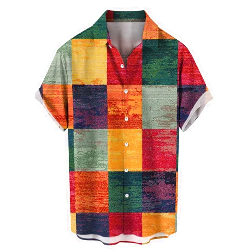 LCMTWX Mens Shirts Grid Splicing Day Shirts Short Sleeve Casual Button Down Beach Flower Shirt and Button Up Shirts for Men