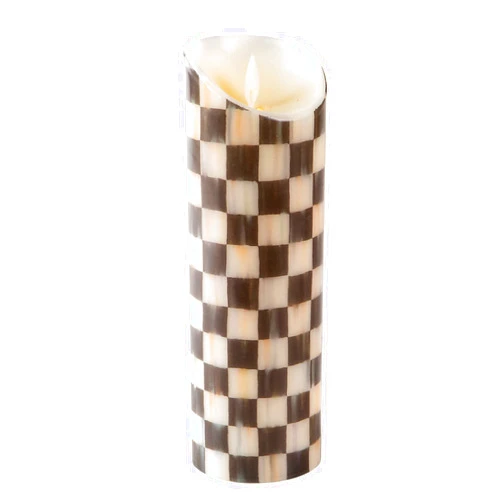 MACKENZIE-CHILDS Flicker Pillar Candle, Flameless Battery-Operated Candle with Timer and Remote, 9 Inches, Black-and-White Courtly Check