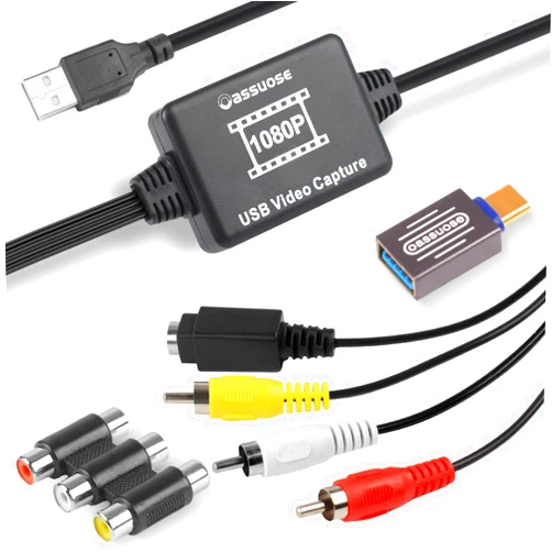 Oassuose VHS to Digital Converter,USB-A/USB-C Video 1080P Capture Card,RCA/AV to USB2.0 Audio Video Transfer Grabber,Convert Analog VHS VCR Hi8 Mini DV to Digital Converter,for PC DVD Tape Camera
