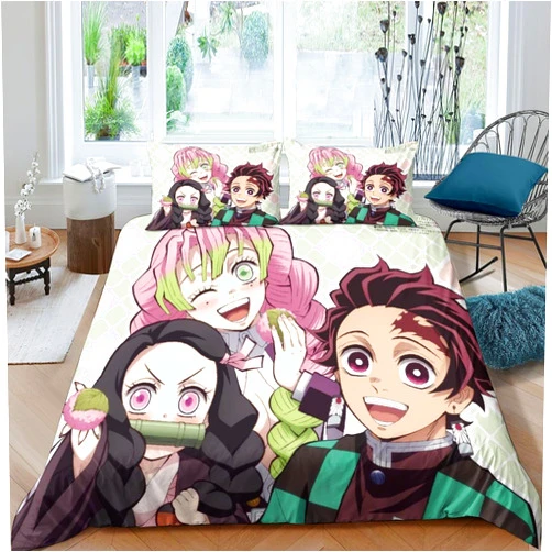 LWAILJH 3-Pcs Anime Nezuko Kamado Demon Bedding Set 1 Quilt Cover 2 Pillowcases 3D Cartoon Printed Comfortable Bed Set Cover for Kids Boys Girls Teens Gifts Twin（173x218cm）