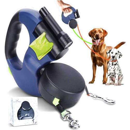 BIANCA SHOP Dual Retractable Dog Leash for Two Dogs with Poop Bag Holder and Flashlight - Tangle-Free Dual Dog Leash for Small Dogs and Medium Dogs, 4 in 1, Dog Walking Accessories, Heavy Duty.