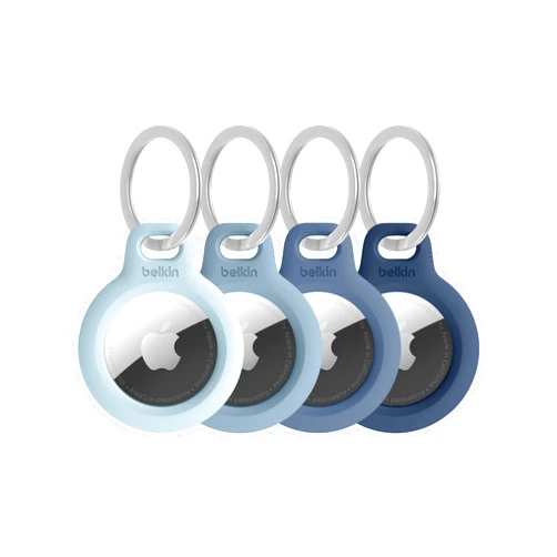Belkin Apple AirTag Secure Holder w/Key Ring - Durable Scratch Resistant Case w/Open Face Raised Edges - Protective AirTag Keychain Accessory for Keys, Pet, Luggage, Backpack - 4-Pack Blue Gradient