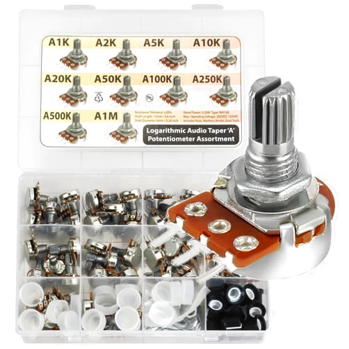 3pdt 45 pcs Potentiometer Assortment 9 Values 1K, 2K, 5K 10K 20K 50K 100K 250K 500K 1M Horizontal Straight Legs Terminal A = logarithmic Audio Taper