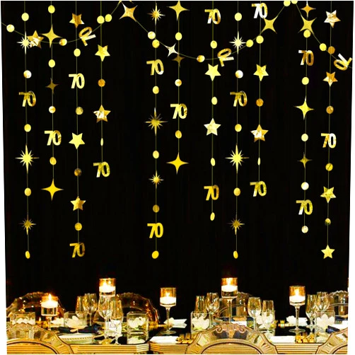 Pinkblume Gold 70th Birthday Decorations Number 70 Circle Dot Twinkle Star Garland Metallic Hanging Streamer Bunting Banner Backdrop for Women Mens 70 Year Old Birthday Seventieth Anniversary Party Supplies