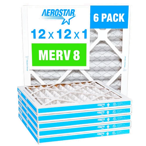 Aerostar 12x12x1 Air Filter MERV 8 - 6 Count - Removes Dust Mites, Lint, Mold, Pet Dander & Allergy-Causing Pollen - Pleated Electrostatic MPR 600 & FPR 5 Furnace Air Filters