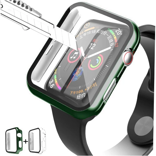 PROATL Full Cover Hard PC Case with 9H Tempered Glass Screen Protector Touch Sensitive iWatch Case Compatible with Apple Watch Series 6/SE/5/4 40mm/44mm (2Packed, Clear+ Dark Green/ 44mm)
