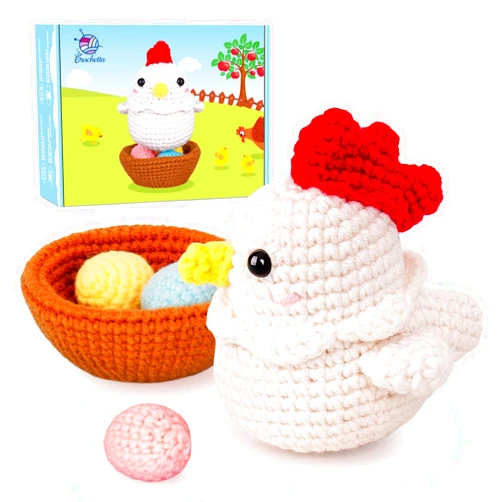 Crochetta Crochet Kit for Beginners, Crochet Starter Kit with Step-by-Step Video Tutorials, Crochet DIY Knitting Supplies for Adults Kids, Cute Hen Chicken with Eggs Crocheting Set(40%+ Yarn)