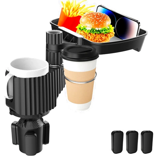 SUYUDSM Car Cup Holder Tray, 5 in 1 Cup Holder Expander 360° Rotating Car Food Tray, Dual Car Seat Cup Holders with Phone Slot Seat Road Trip Essentials