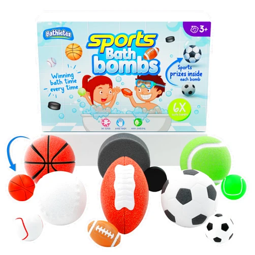 Bathletes 6pc Sporty Kids Bath Bombs with Surprise Inside - Girls & Boys Bath Toys w/ 6 Sports Prizes - Perfect for Birthdays, Holidays -Toddlers 3+