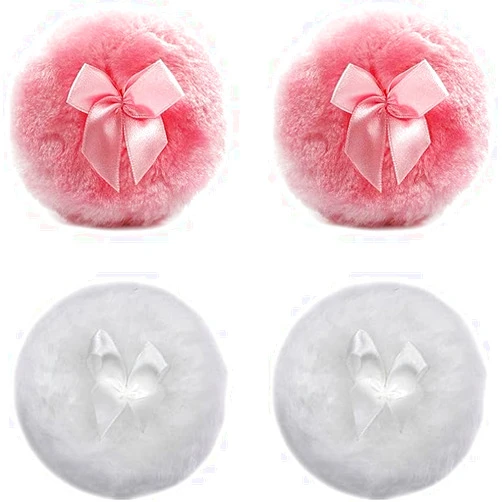 FUWQWKUI 4 Pcs Fluffy Plush Powderpuff Set Soft Face Powder Puffs with Bowknot Design for Dry Face and Body Powder Application