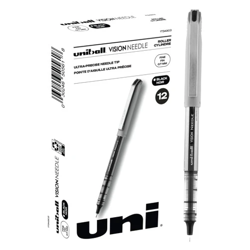 Uni-Ball uniball Vision Needle Roller Ball Pen, Stick, Fine 0.7 Mm, Black Ink, Silver Barrel, Dozen