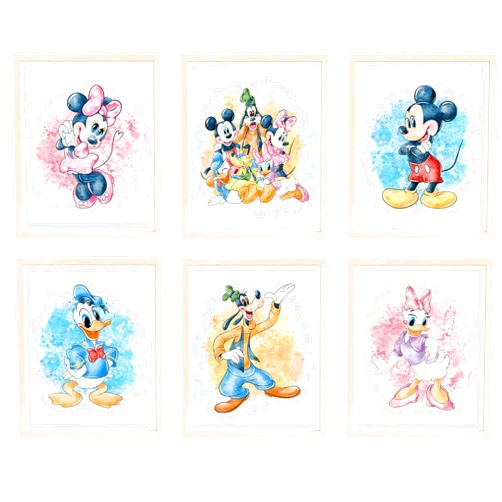 Nistio® Mickey Mouse and Friends Watercolor Prints, Mickey Mouse Wall Art Decor, Minnie Mouse Wall Prints, Set of 7, Donald Duck, Goofy, Pluto, Daisy Duck, 8x10 inches (Unframed)