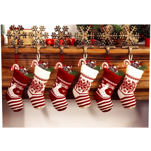 LimBridge Christmas Mini Stockings, 6 Pack 9 inches Knit Knitted Snowflake Reindeer Rustic Holiday Decorations, goodie Bags for Family Friends, Cream Burgundy