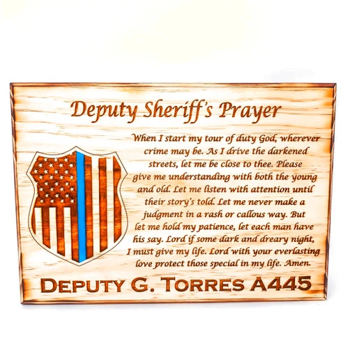 Handmade Personalized Deputy Sheriff's Prayer Plaque | Laser Engraved Wood | Police Badge | Thin Blue Line