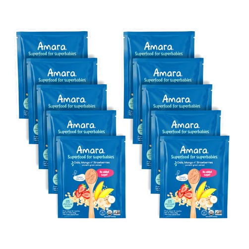 Amara Organic Baby Food - Stage 3 - Ancient Grain - Baby Cereal to Mix With Breastmilk, Water or Baby Formula - Shelf Stable Baby Food Pouches Made from Organic Fruit and Veggies - 10 Pouches, 3.9oz Per Serving