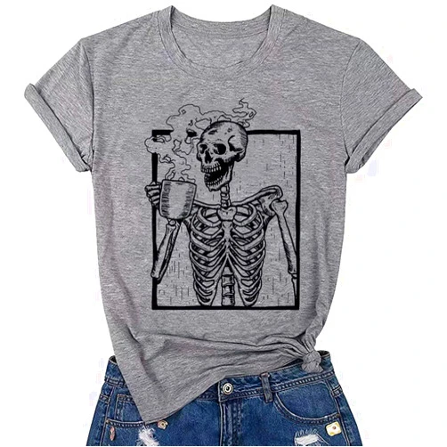 FCDIED Hot Coffee Skeleton Shirt Women Halloween Skeleton Tshirt Funny Skull Graphic Tees Casual Fall Short Sleeve Tops